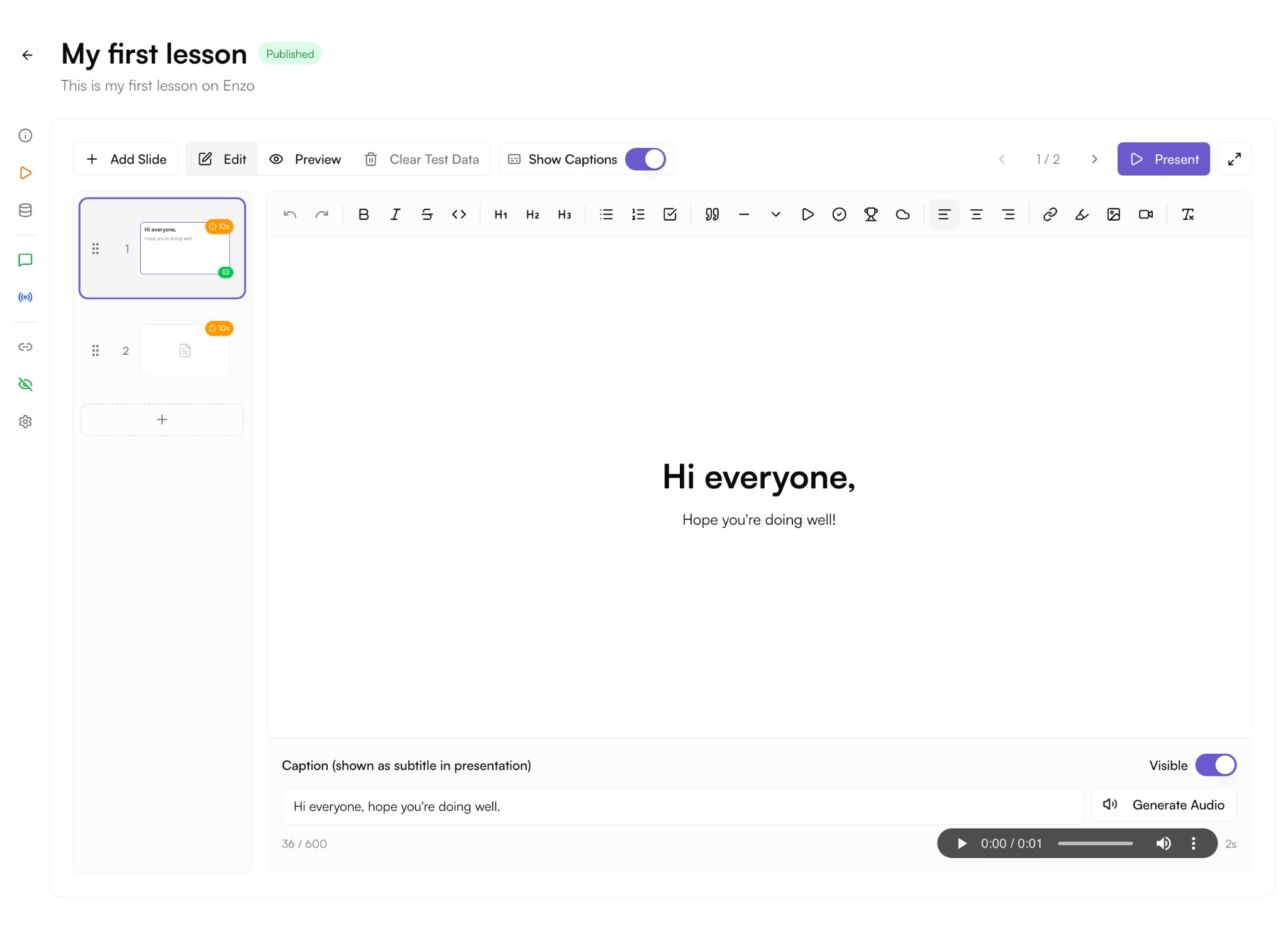Enzo lesson creation interface showing interactive quiz editor
